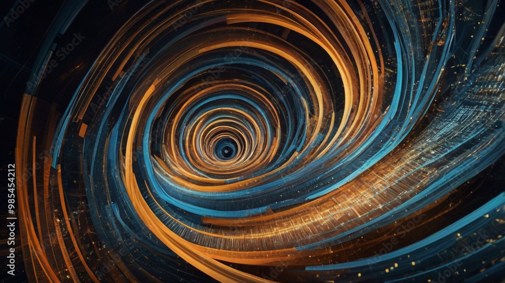 A mesmerizing spiral of vibrant blue and orange lights, reminiscent of a vortex, suggesting motion and depth within a digital realm. A mesmerizing spiral of vibrant blue and orange lights, reminiscent of a vortex, suggesting motion and depth within a digital realm.