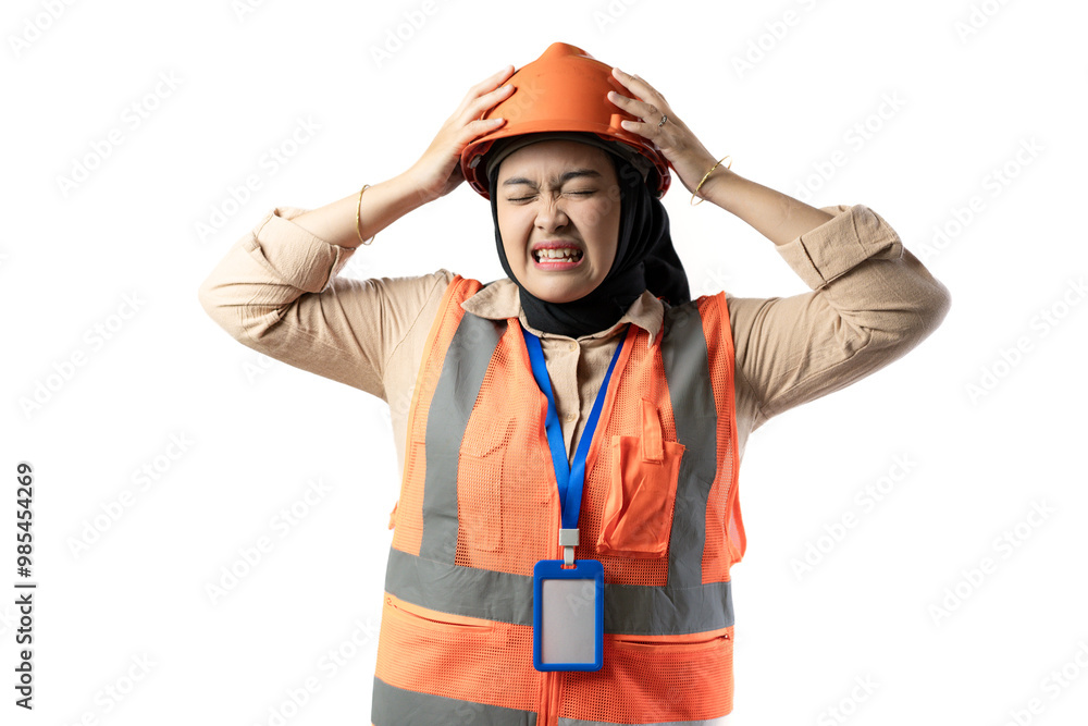 Young Asian female construction worker wearing hijab looks very painful due to headache while holding her head, industrial and construction concept, isolated white background. Young Asian female construction worker wearing hijab looks very painful due to headache while holding her head, industrial and construction concept, isolated white background.