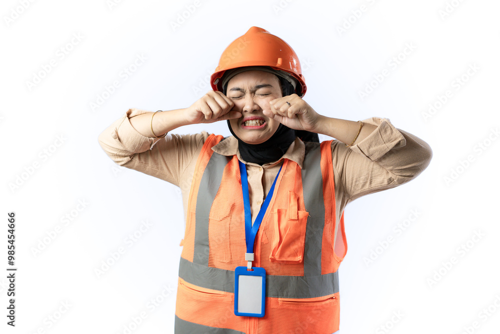 young Asian female construction worker in hijab looking very sad and crying, industrial and construction concept, isolated white background. young Asian female construction worker in hijab looking very sad and crying, industrial and construction concept, isolated white background.