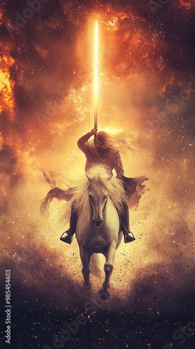 Kalki charging forward on his white horse, sword glowing with cosmic energy, ready to end the age of darkness, Kalki avatar, divine judgment, end of time photo