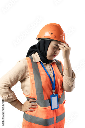 Young Asian female construction worker in hijab looking very disappointed while holding her head, industrial and construction concept, isolated white background.