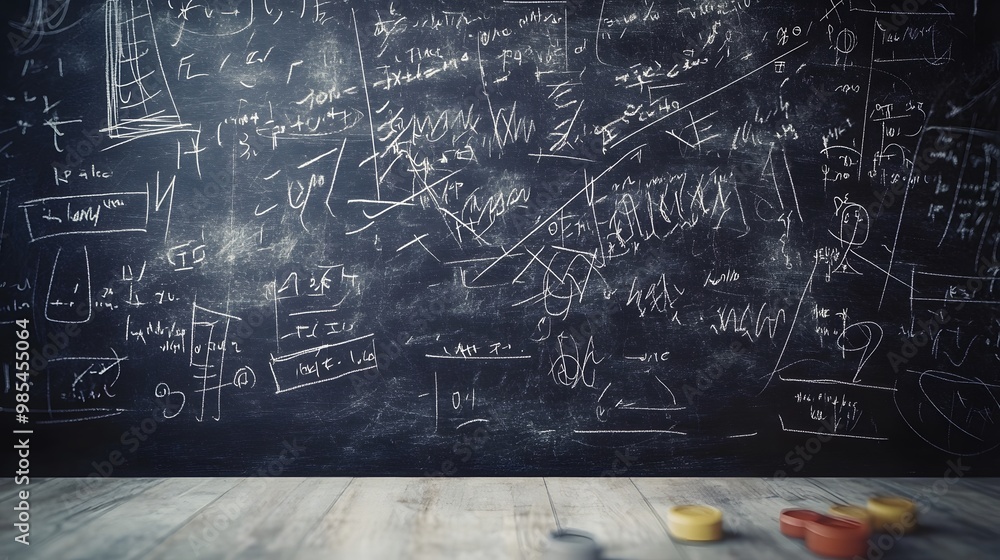 A Black Chalkboard with White Chalk Scribbles and a Wooden Floor A Black Chalkboard with White Chalk Scribbles and a Wooden Floor