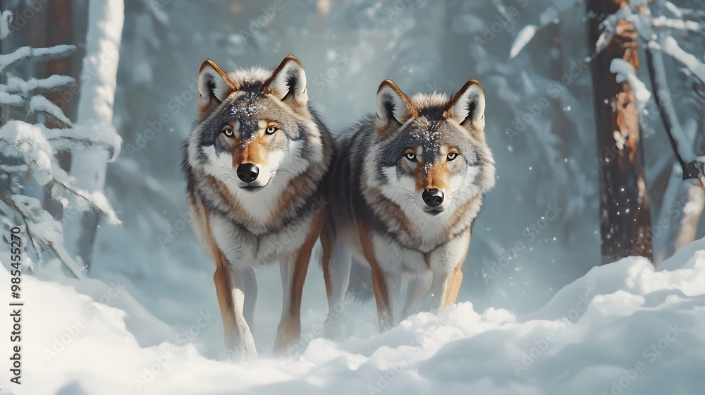 Fototapeta premium Two wolves are walking through the snow in a forest