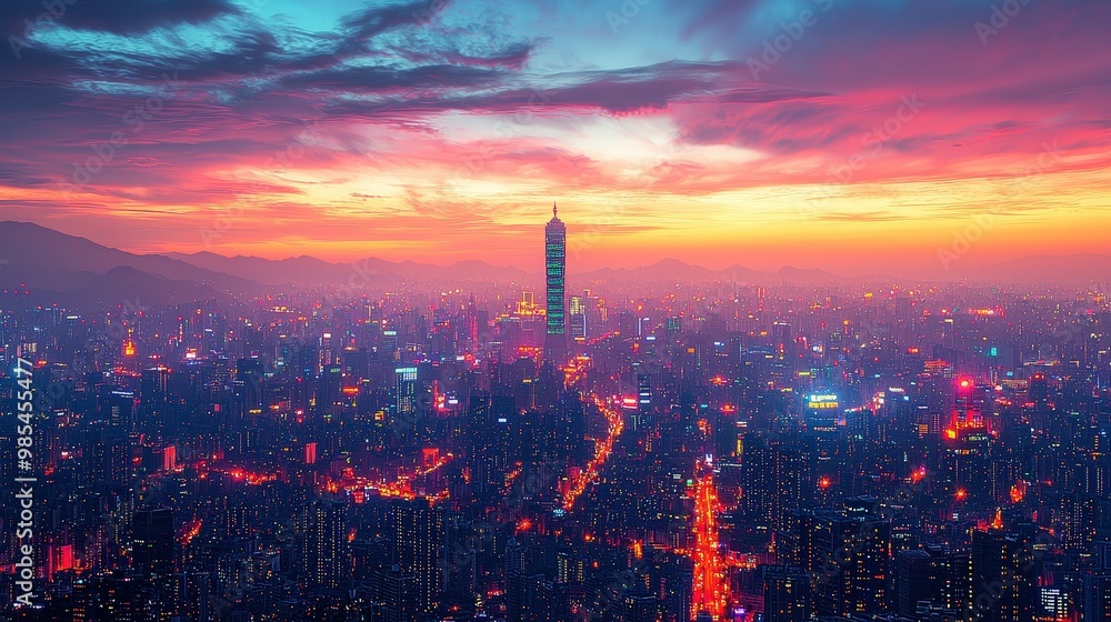Fototapeta premium Cityscape at Sunset with Skyscrapers and Colorful Sky