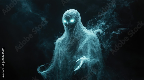 A ghostly figure with glowing eyes stands in front of a dark background