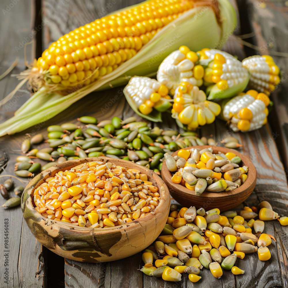 Seeds and sweet corn on wooden table Seeds and sweet corn on wooden table