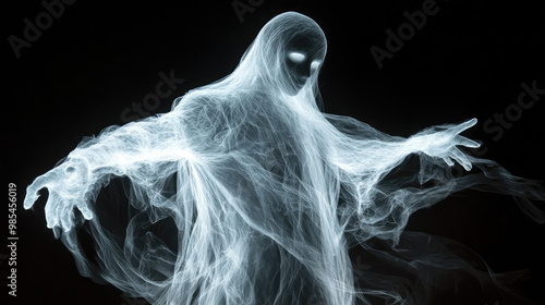 The ghostly figure appears to float in mid-air, isolated against a deep black backdrop, giving it an otherworldly presence that captivates the viewer.