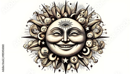 Esoteric smiling sun vintage illustration