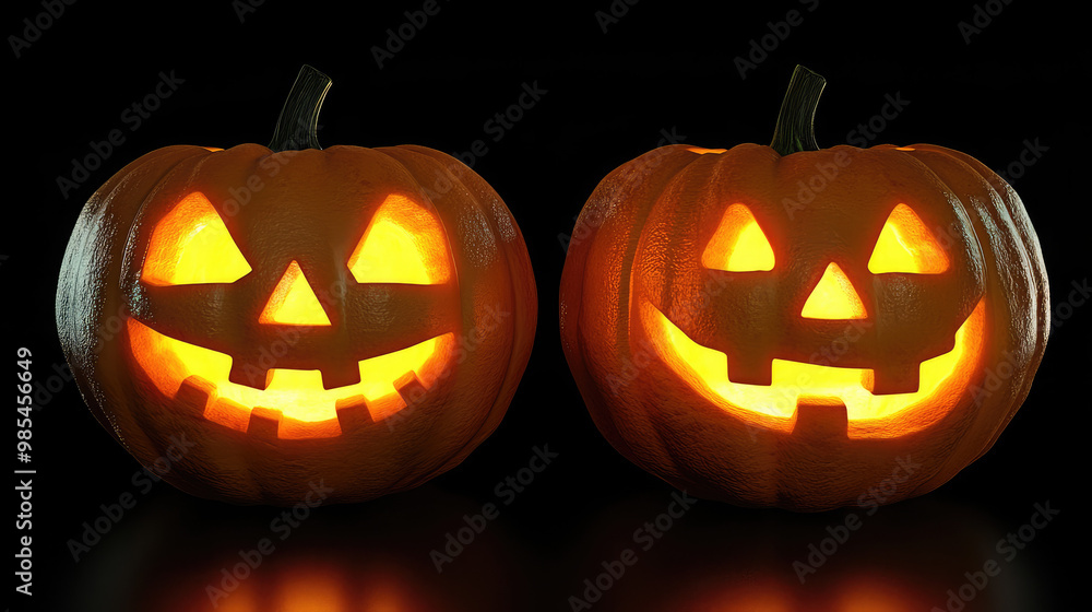 This striking image features a pair of glowing jack-o-lanterns, their mischievous faces illuminated vividly against a deep black backdrop. This striking image features a pair of glowing jack-o-lanterns, their mischievous faces illuminated vividly against a deep black backdrop.