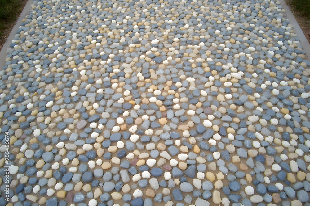 Natural stone pathway covered with smooth pebbles in various colors and textures
Natural stone pathway covered with smooth pebbles in various colors and textures