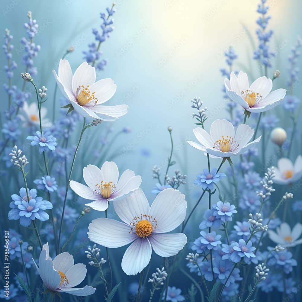 A stunning display of delicate blue and white wildflowers swaying gently in a sunlit field. Generative Al A stunning display of delicate blue and white wildflowers swaying gently in a sunlit field. Generative Al