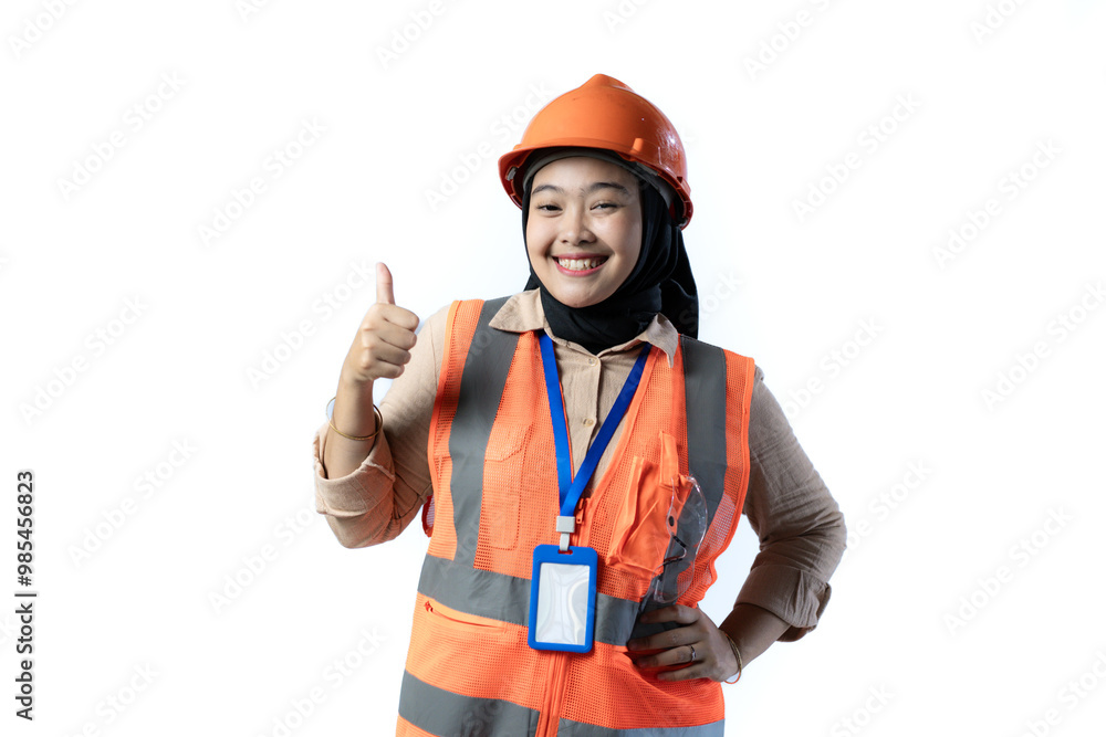 Young Asian female construction worker in hijab standing confidently looking at the camera while giving an OK hand gesture, industrial and construction concept, isolated white background. Young Asian female construction worker in hijab standing confidently looking at the camera while giving an OK hand gesture, industrial and construction concept, isolated white background.
