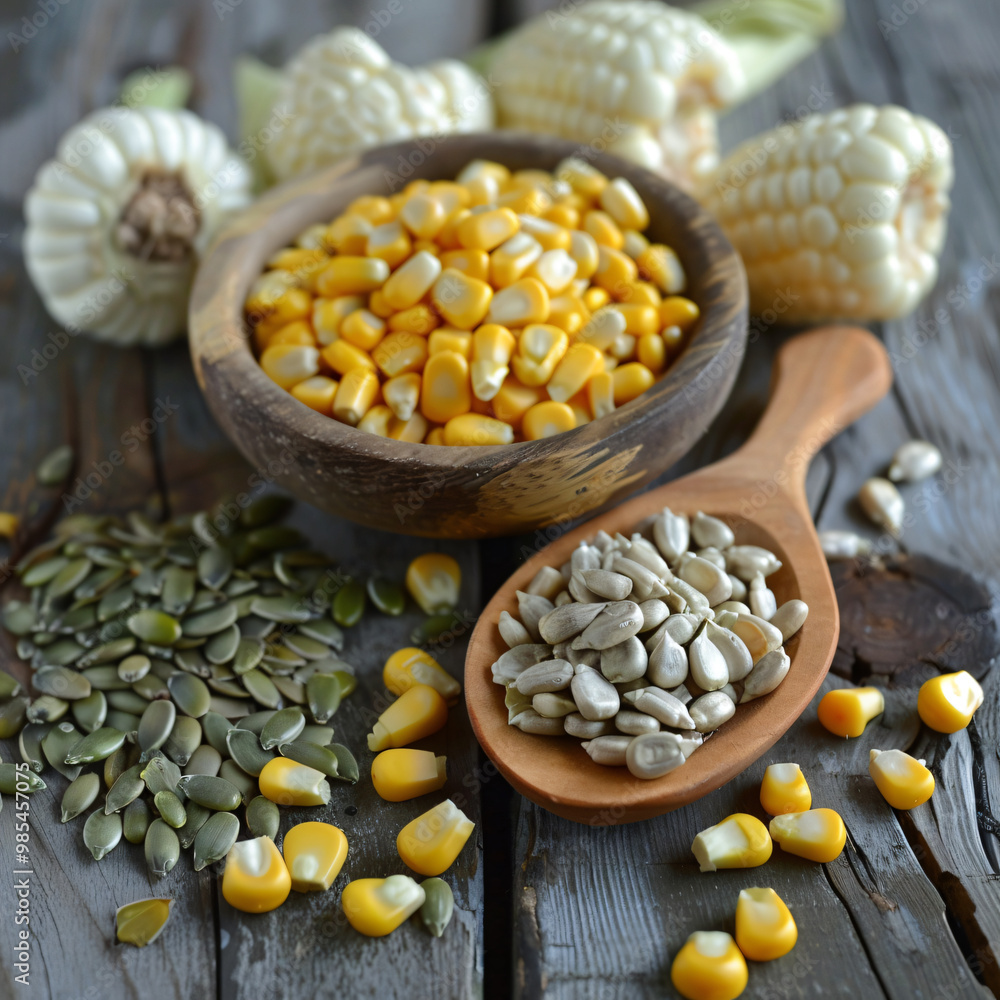 Seeds and sweet corn on wooden table