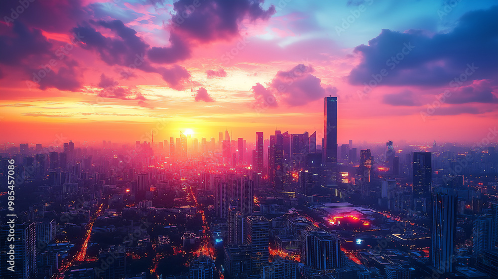 Fototapeta premium Futuristic city skyline at dusk.