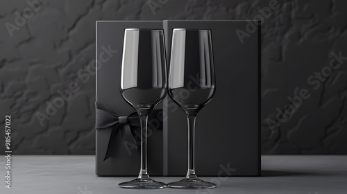 Elegant black gift box with two crystal wine glasses positioned in front, creating a sophisticated and minimalistic aesthetic. photo