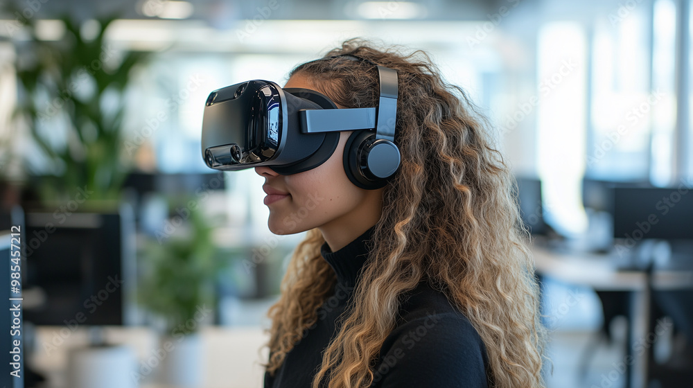 Young woman using virtual reality technology in a modern workspace. Young woman using virtual reality technology in a modern workspace.