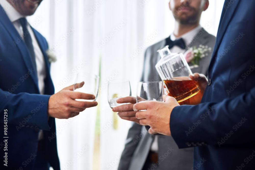 Cheers, wedding and groomsmen with alcohol drink for celebration of romantic event together. Hands, commitment and best friends with shot of whiskey for toast and getting ready for marriage ceremony. Cheers, wedding and groomsmen with alcohol drink for celebration of romantic event together. Hands, commitment and best friends with shot of whiskey for toast and getting ready for marriage ceremony.