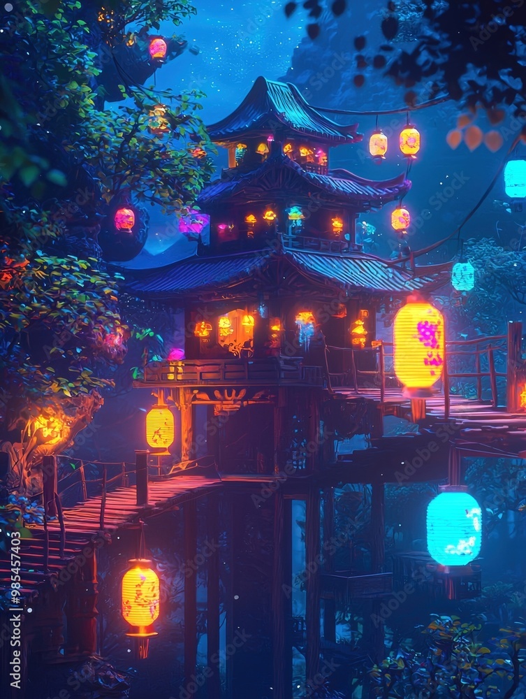Enchanting Nighttime Scene of Ornate Asian Temple with Glowing Lanterns and Lush Foliage Enchanting Nighttime Scene of Ornate Asian Temple with Glowing Lanterns and Lush Foliage