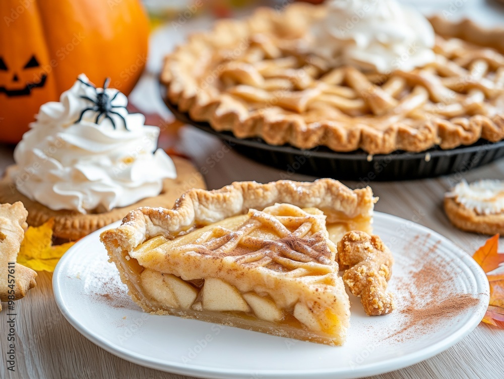 Halloween-themed apple pie with a spider-web crust design Halloween-themed apple pie with a spider-web crust design