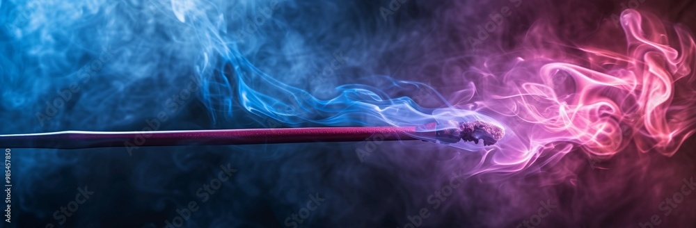 Fototapeta premium A vivid and dramatic portrayal of a magical wand, set against a dark, smoky background. The wand is the central focus, with its tip glowing in a radiant pink hue, contrasting sharply with the surround