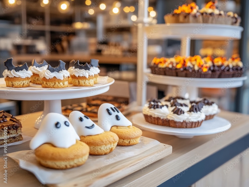 Naklejka premium Halloween-themed bakery selling eerie ghost-shaped cookies bat brownies