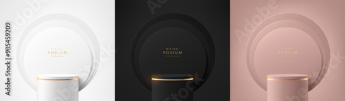 Set of silver, black, gold, pinkgold 3d cylindrical podium background with overlap circles backdrop scene. Abstract minimal mockup Product display presentation, Stage showcase. Platforms vector design