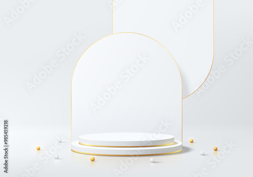 Realistic white 3D cylindrical podium background with overlap arch backdrop scene, gold ball. Minimalist mockup pedestal, Abstract product display presentation, Stage showcase. Platforms vector design