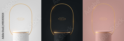 Set of silver, black, gold, pink gold 3d cylindrical podium background with round golden frames scene. Abstract minimal mockup Product display presentation, Stage showcase. Platforms vector design.