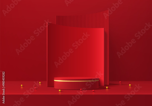 Realistic 3D red cylindrical podium background with gold balls, curve backdrop scene. Chinese new year. Minimal mockup or abstract product display presentation, Stage showcase. Platforms vector design
