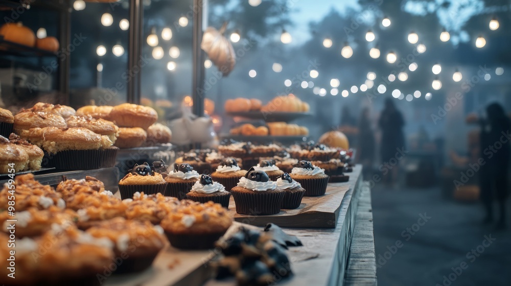 Fototapeta premium Haunted bakery stall selling spooky ghost cupcakes bat-themed cookies