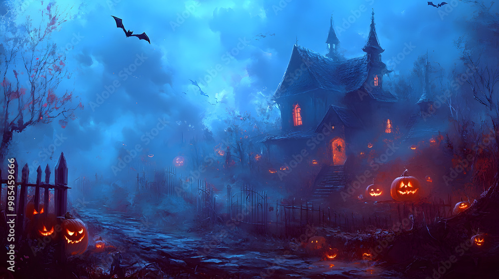 Spooky Halloween night. Halloween scene with bats and glowing pumpkins. Spooky Halloween night. Halloween scene with bats and glowing pumpkins.