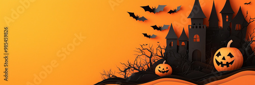 Banner de Halloween morcegos, abóboras castelo assombrado em estilo de corte de papel. Lugar para texto