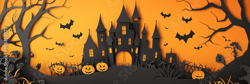 Banner de Halloween morcegos, abóboras castelo assombrado em estilo de corte de papel. Lugar para texto