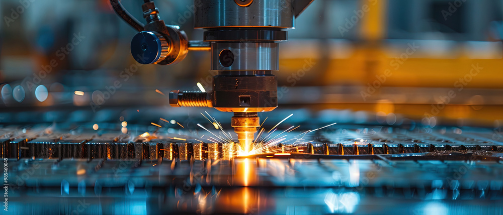 Industrial technology concept, Metal being cut by a blue laser CNC with a light spark Industrial technology concept, Metal being cut by a blue laser CNC with a light spark