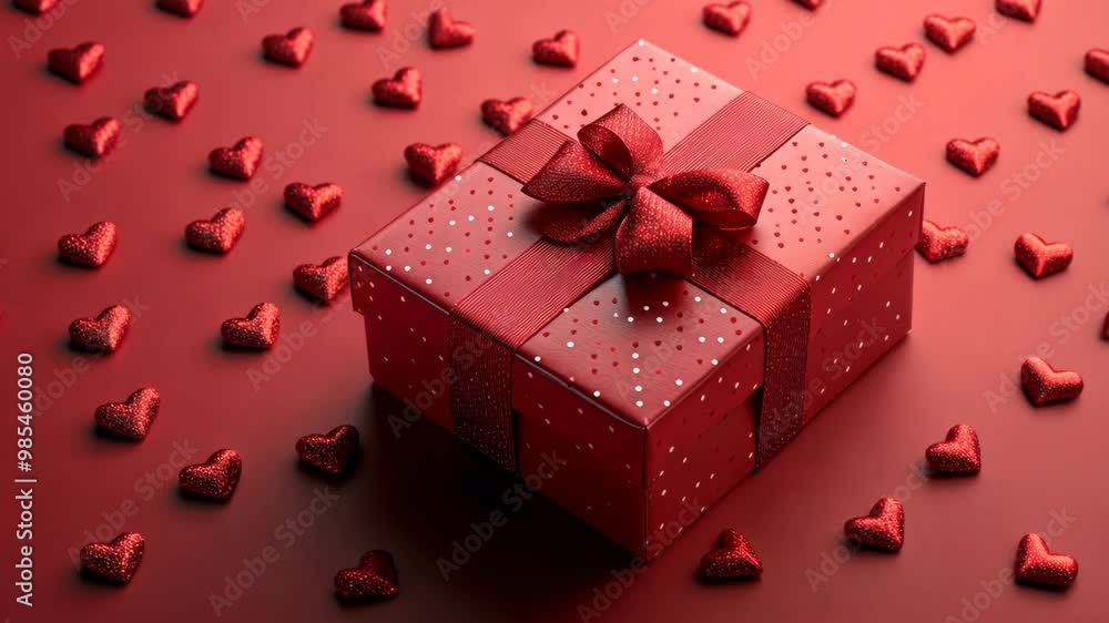 Beautiful red gift box surrounded by heart-shaped decorations for Valentine's Day celebration in a romantic setting Beautiful red gift box surrounded by heart-shaped decorations for Valentine's Day celebration in a romantic setting