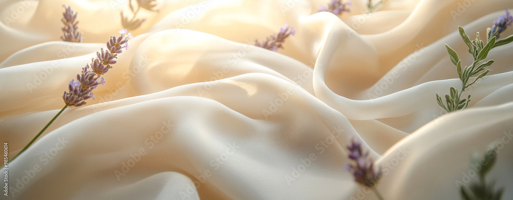 Soft silk fabric with lavender flowers creates serene and aesthetic atmosphere, perfect for adding touch of elegance to any setting. gentle folds and natural elements evoke sense of calm and beauty Soft silk fabric with lavender flowers creates serene and aesthetic atmosphere, perfect for adding touch of elegance to any setting. gentle folds and natural elements evoke sense of calm and beauty