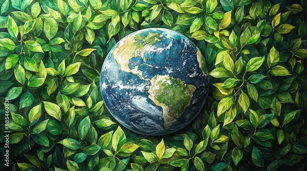 Watercolor Globe Earth Surrounded by Lush Green Leaves Watercolor Globe Earth Surrounded by Lush Green Leaves