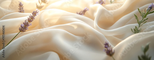 Soft silk fabric with lavender flowers creates serene and aesthetic atmosphere, perfect for adding touch of elegance to any setting. gentle folds and natural elements evoke sense of calm and beauty