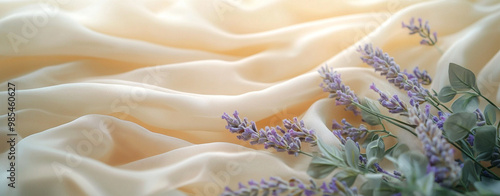Soft silk fabric drapes elegantly with delicate lavender flowers, creating serene and aesthetic composition. gentle textures and colors evoke calming atmosphere