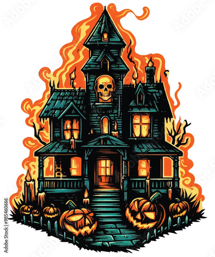 Amazing Sticker Halloween colorfull haunted house illustration vector