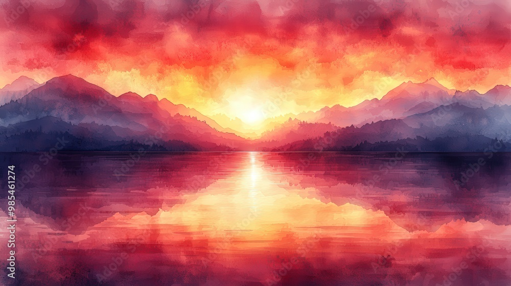 Fototapeta premium Watercolor Sunset Landscape with Mountain Reflections in Lake