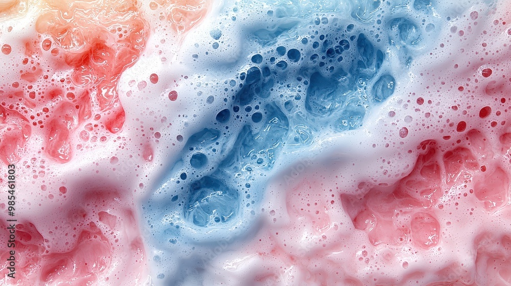 Fototapeta premium Abstract Blue and Pink Swirling Liquid Texture with Bubbles
