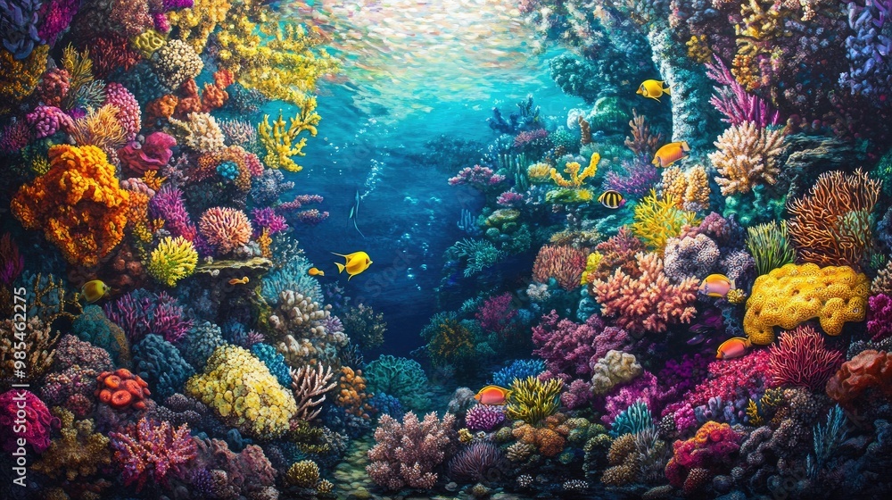 A hyper-realistic depiction of a vibrant coral reef, showcasing a kaleidoscope of colors and teeming with exotic marine life A hyper-realistic depiction of a vibrant coral reef, showcasing a kaleidoscope of colors and teeming with exotic marine life