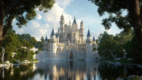 A hyper-realistic and captivating photo of a grand castle, with intricate turrets, towering walls, and a moat reflecting the surrounding trees