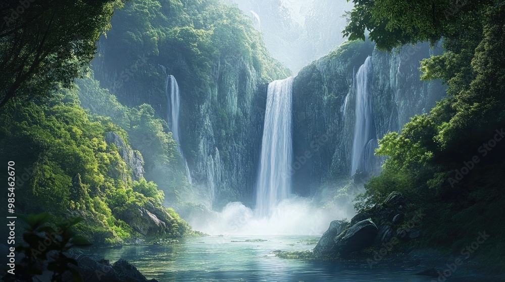 Naklejka premium An awe-inspiring and incredibly detailed photo of a vast and misty waterfall, crashing into a crystal-clear pool below surrounded by lush greenery