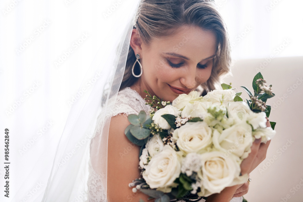 Naklejka premium Woman, bride and wedding day for marriage with bouquet for vows, reception and commitment in future. Female person, celebration and flowers for love, happiness and gratitude as excited for honeymoon