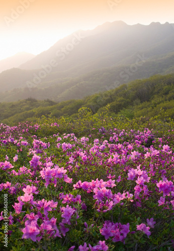 Morning view of pink azalea flowers at Hwangmaesan Mountain near Sancheong-gun, South Korea