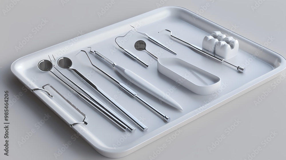 A 3D render of a dentist s tray with various instruments A 3D render of a dentist s tray with various instruments