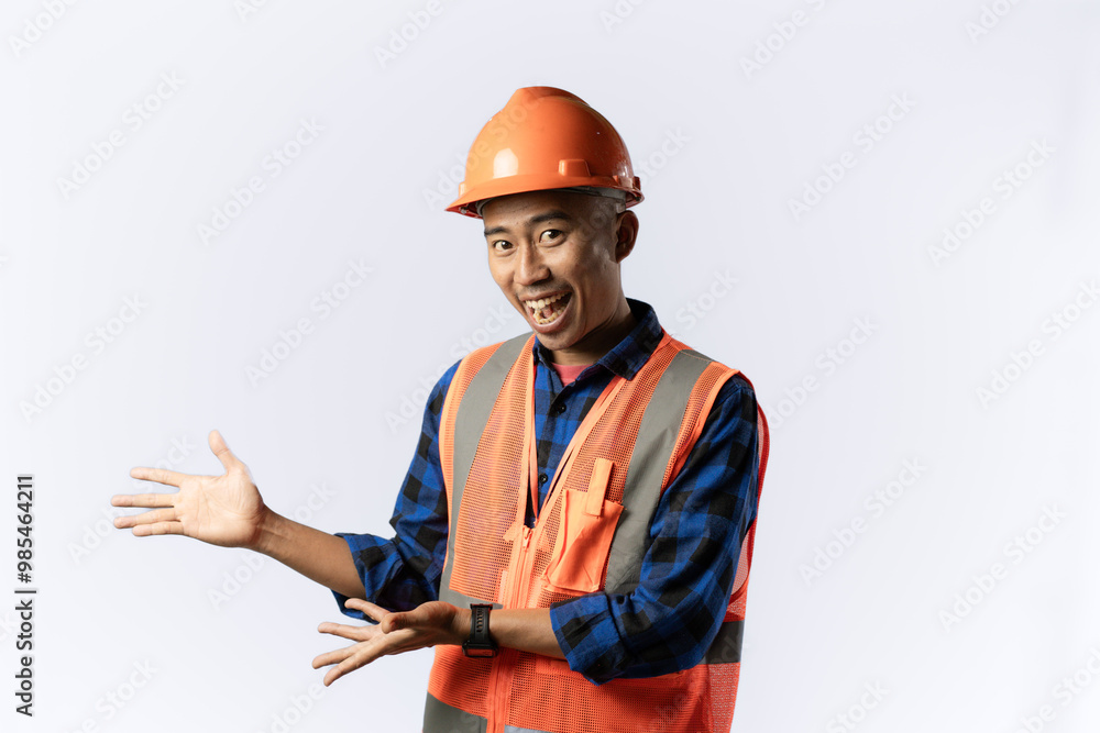 Fototapeta premium contractor or miner. friendly, welcome gesture. industrial and mining concept. isolated white