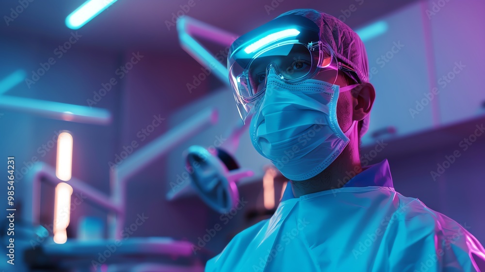 A 3D render of a dentist using a headlamp